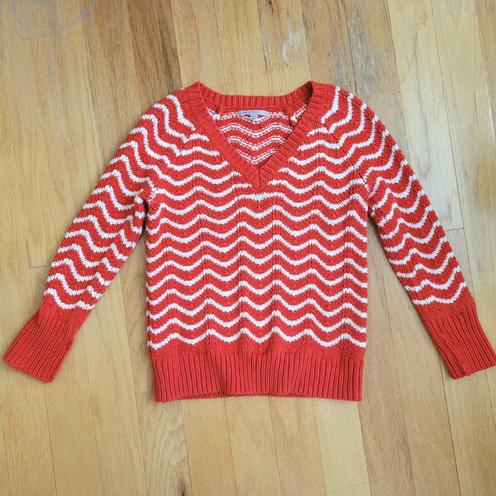 GAP Orange & White V-neck Raglan Sleeve Sweater Wavy Striped Chevron Knit XS